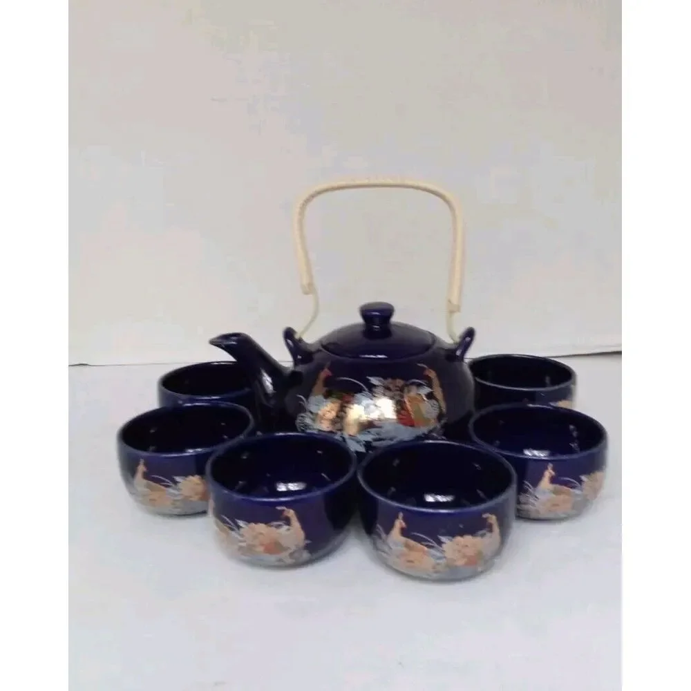 Traditional Japanese Tea Set with Dragon Design - 8 Piece Navy Blue Teapot & Cup